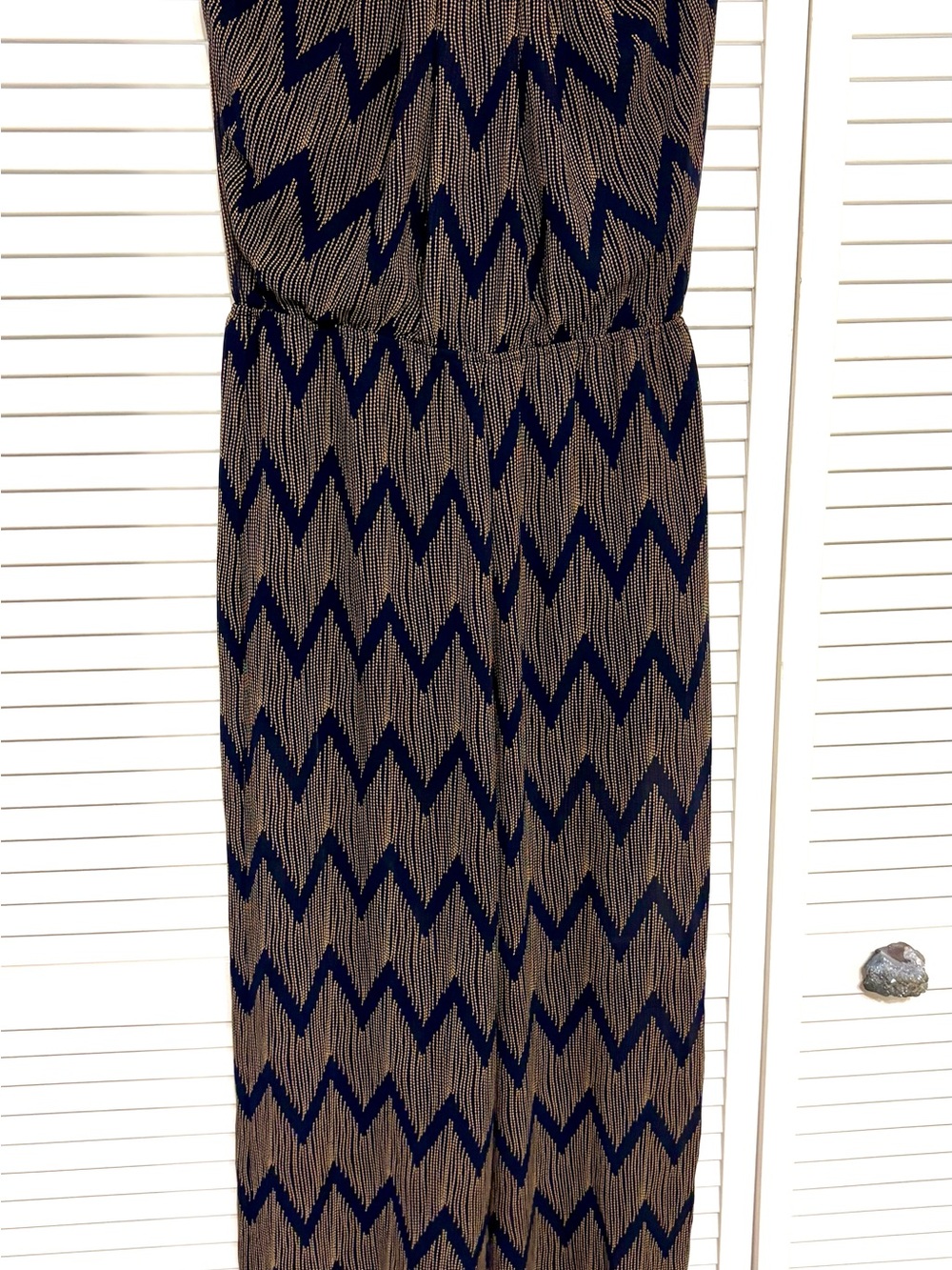 Ya Los Angeles Navy and Beige Chevron Sheer Leg & Back, Sleeveless Jumpsuit